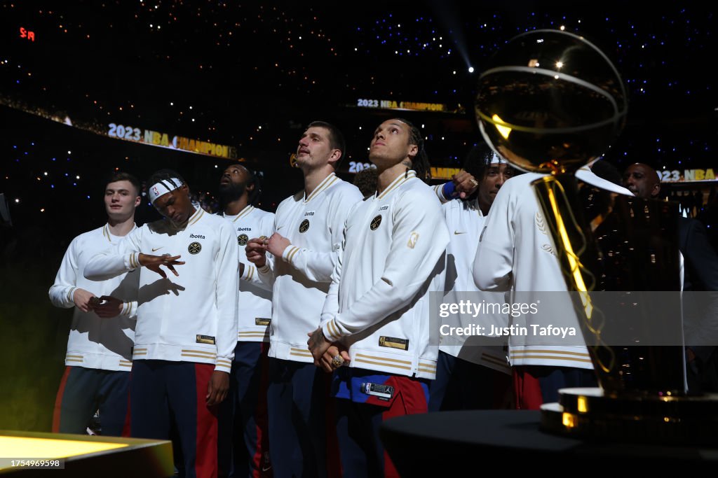Nikola Jokic #15 of the Denver Nuggets receives his championship ring before the game against the Los Angeles Lakers at Ball Arena on October 24, 2023 in Denver, Colorado. (Photo by Justin Tafoya/Getty Images)