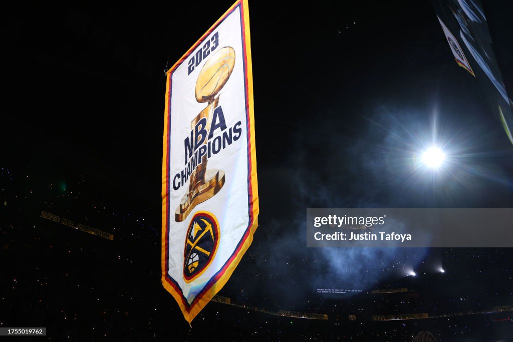 The Denver Nuggets championship banner is raised before the game against the Los Angeles Lakers at Ball Arena on October 24, 2023 in Denver, Colorado. (Photo by Justin Tafoya/Getty Images)