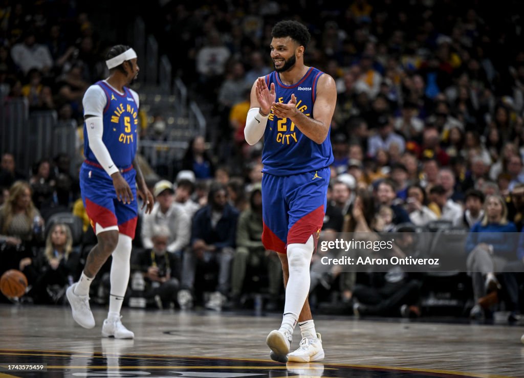Jamal Murray (27) of the Denver Nuggets claps as the Nuggets cruise against the Los Angeles Lakers during the third quarter at Ball Arena in Denver on Tuesday, October 24, 2023. (Photo by AAron Ontiveroz/The Denver Post)