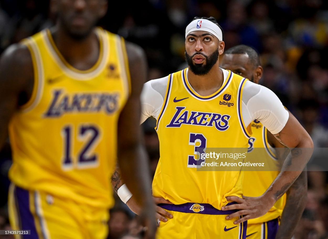 Anthony Davis (3) of the Los Angeles Lakers looks at his brow during the third quarter against the Denver Nuggets at Ball Arena in Denver on Tuesday, October 24, 2023. (Photo by AAron Ontiveroz/The Denver Post)