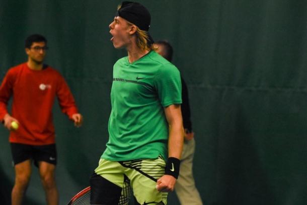 Denis Shapovalov celebrates after winning a point during his straight-sets victory over Ruben Bemelmans in the final of the 2017 Drummondville National Bank Challenger. | Photo: Jean-Samuel Gauthier