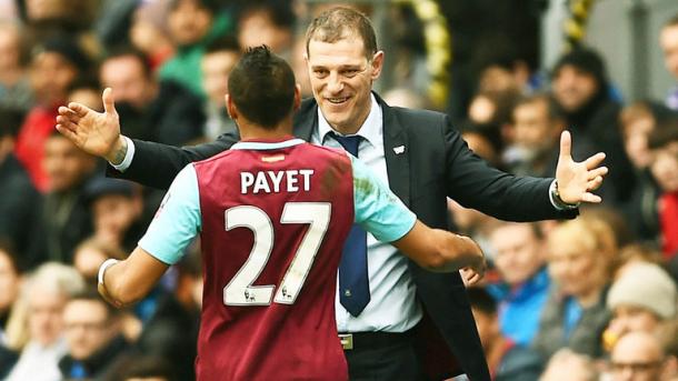 Above: West Ham United's Slaven Bilic and Dimitri Payet in a warm embrace | Photo: Sky Sports 