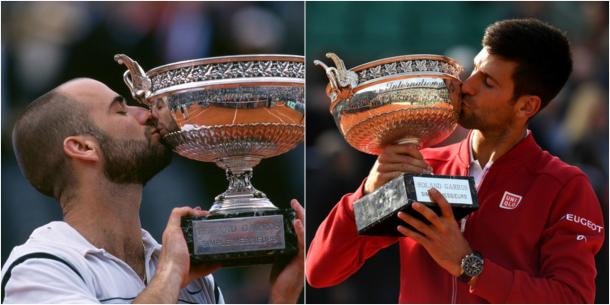 Agassi completed his Career Grand Slam at the French Open in 1999 (left, Photo by Franck Seguin / Corbis Sport) and (Djokovic followed suit 17 years later, Photo by Dennis Grombkowski / Getty Images)
