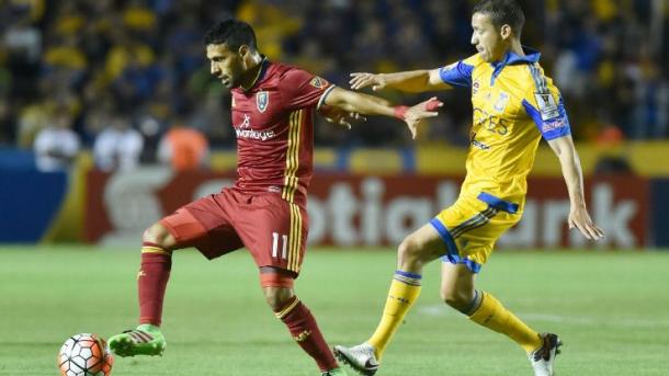 Real Salt Lake's midfielder Javier Morales keeping possession against Tigres U.A.N.L on Wednesday in the first leg of the CCL quarterfinal series. Photo provided by  MEXSPORT