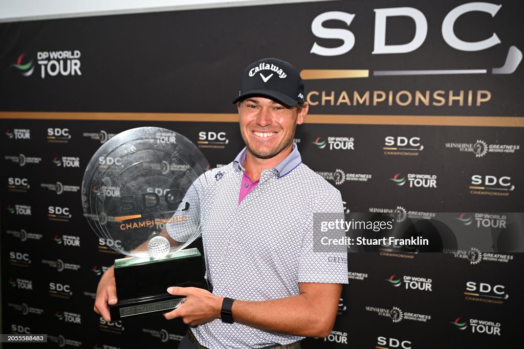 Jordan Gumberg of USA poses with the trophy after victory on day four of the SDC Championship at St. Francis Links on March 03, 2024 in St Francis Bay, South Africa. (Photo by Stuart Franklin/Getty Images)