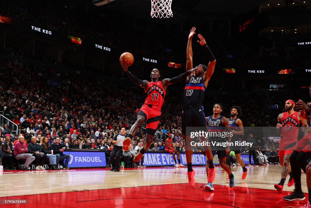 Dennis Schroder #17 of the Toronto Raptors drives to the basket during the game against the Detroit Pistons on November 19, 2023 at the Scotiabank Arena in Toronto, Ontario, Canada. NOTE TO USER: User expressly acknowledges and agrees that, by downloading and or using this Photograph, user is consenting to the terms and conditions of the Getty Images License Agreement. Mandatory Copyright Notice: Copyright 2023 NBAE (Photo by Vaughn Ridley/NBAE via Getty Images)
