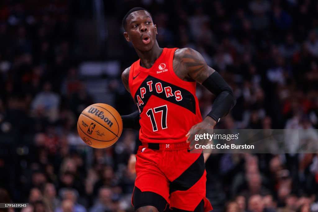 Dennis Schroder #17 of the Toronto Raptors dribbles down the court against the Detroit Pistons during the first half of the game at Scotiabank Arena on November 19, 2023 in Toronto, Canada. NOTE TO USER: User expressly acknowledges and agrees that, by downloading and or using this photograph, User is consenting to the terms and conditions of the Getty Images License Agreement. (Photo by Cole Burston/Getty Images)