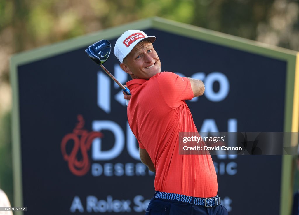 Adrian Meronk of Poland plays his tee shot on the 16th hole during the final round of the Hero Dubai Desert Classic on The Majlis Course at The Emirates Golf Club on January 21, 2024 in Dubai, United Arab Emirates. (Photo by David Cannon/Getty Images)