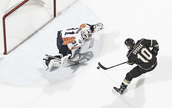 Brent Moran #31 of the Flint Firebirds gets set to stop Christian Dvorak #10 of the London Knights on a penalty shot during an OHL game at Budweiser Gardens on January 8, 2016 in London, Ontario, Canada. The Knights defeated the Firebirds 3-1. (Photo by Claus Andersen/Getty Images)