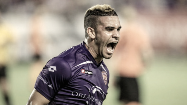 Dom Dwyer celebrating a goal during his loan spell in 2103. | Photo: Orlando City SC