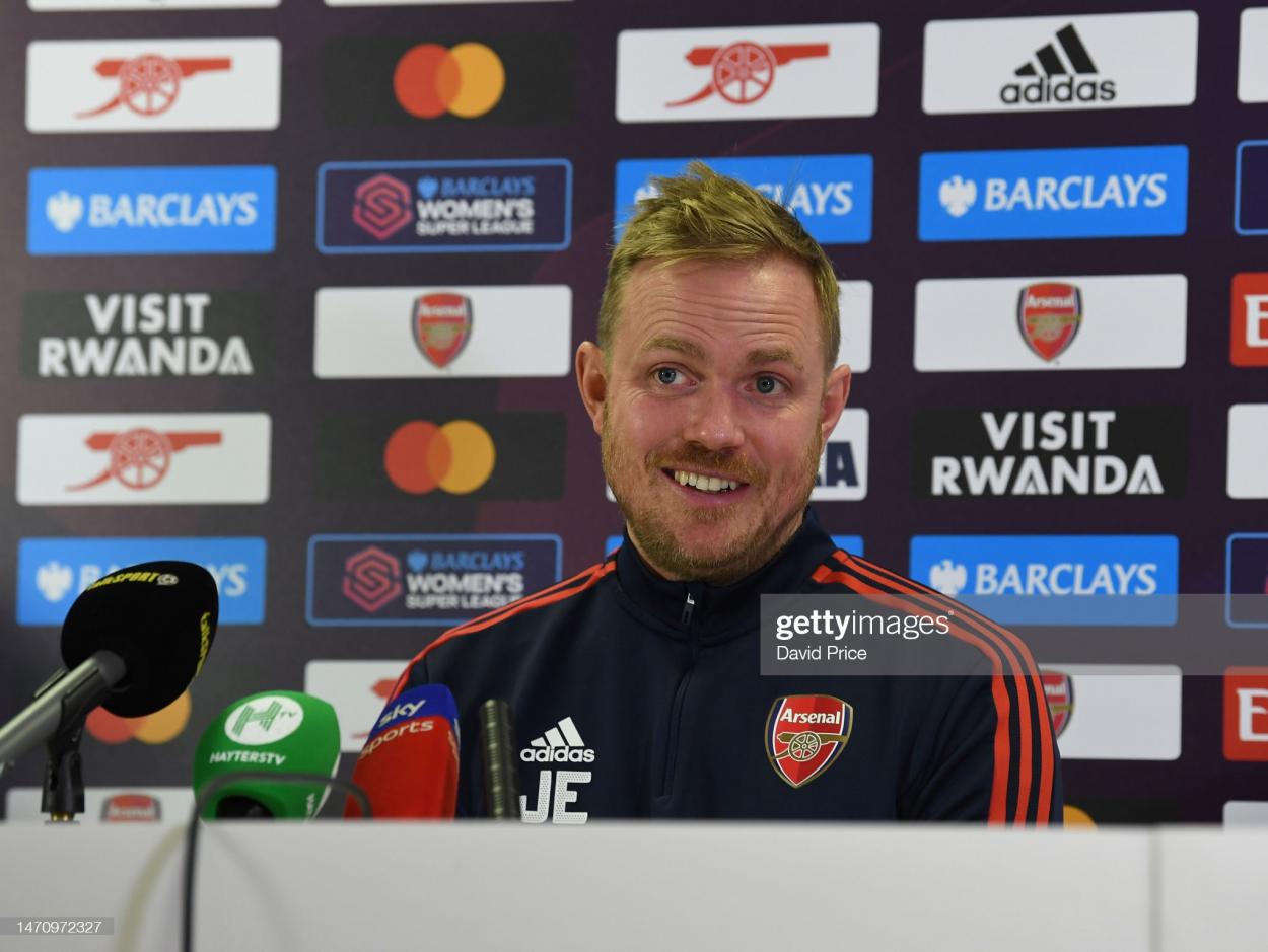 Eidevall comments at the press conference. (Photo by David Price/Arsenal FC via Getty Images)
