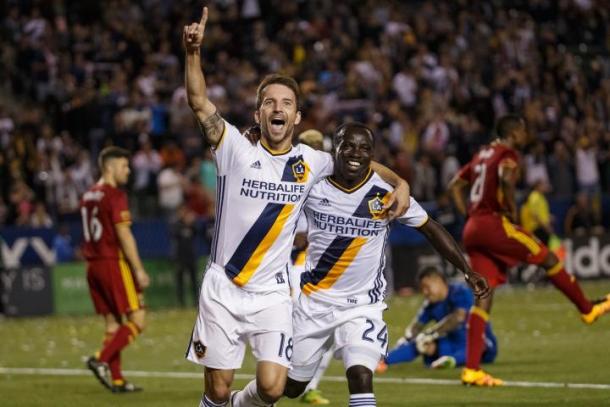 Mike Magee celebrating goal with Emmanuel Boateng as the duo combined for the second. | Photo: Los Angeles Galaxy