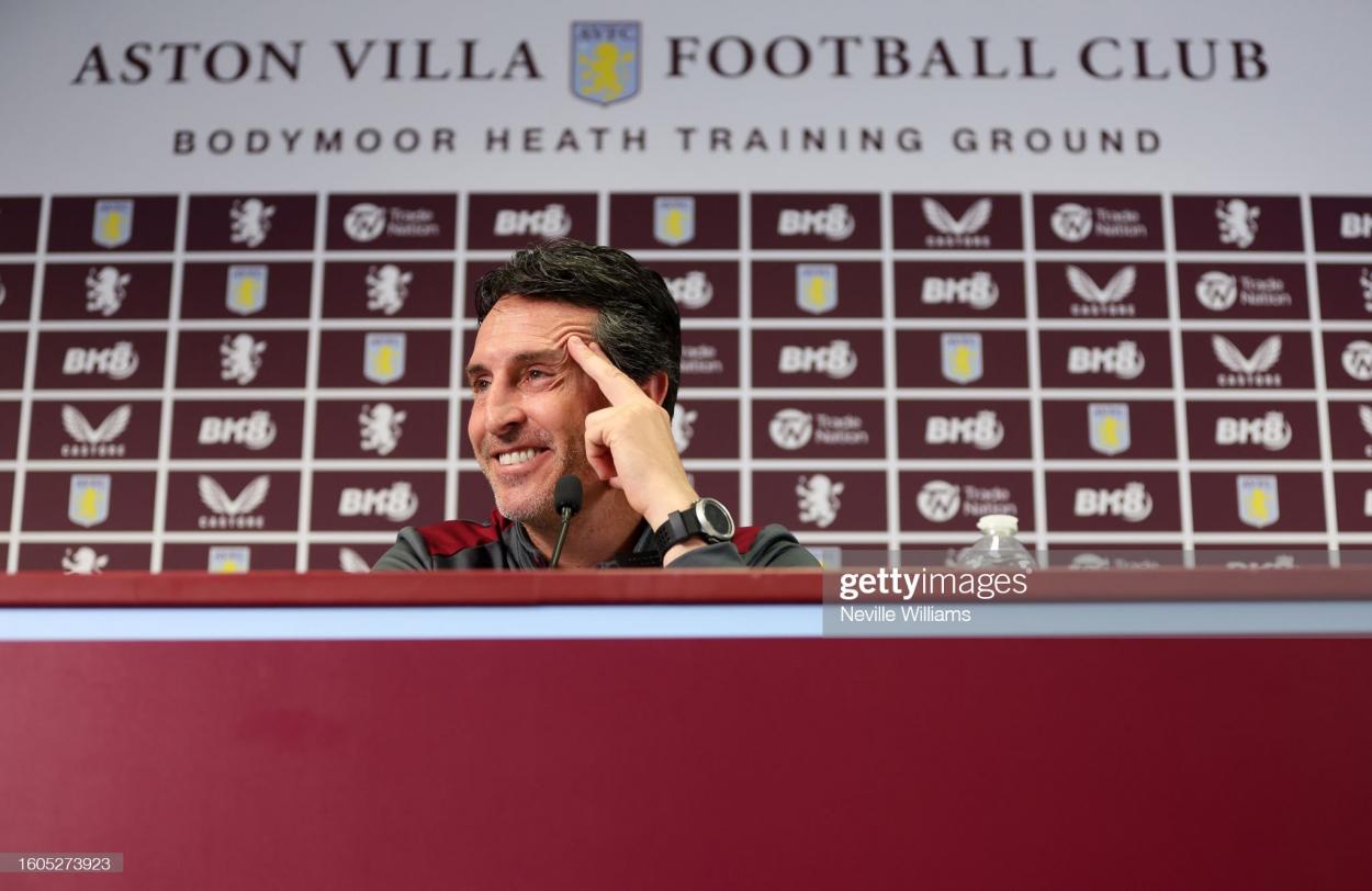 Unai Emery head coach of <strong><a  data-cke-saved-href='https://www.vavel.com/en/football/2021/10/29/aston-villa/1090938-the-key-quotes-from-dean-smiths-pre-west-ham-united-press-conference.html' href='https://www.vavel.com/en/football/2021/10/29/aston-villa/1090938-the-key-quotes-from-dean-smiths-pre-west-ham-united-press-conference.html'>Aston Villa</a></strong> talks to the press during a press conference at Bodymoor Heath training ground on August 10, 2023 in Birmingham, England. (Photo by Neville Williams/<strong><a  data-cke-saved-href='https://www.vavel.com/en/football/2021/10/29/aston-villa/1090938-the-key-quotes-from-dean-smiths-pre-west-ham-united-press-conference.html' href='https://www.vavel.com/en/football/2021/10/29/aston-villa/1090938-the-key-quotes-from-dean-smiths-pre-west-ham-united-press-conference.html'>Aston Villa</a></strong> FC via Getty Images)