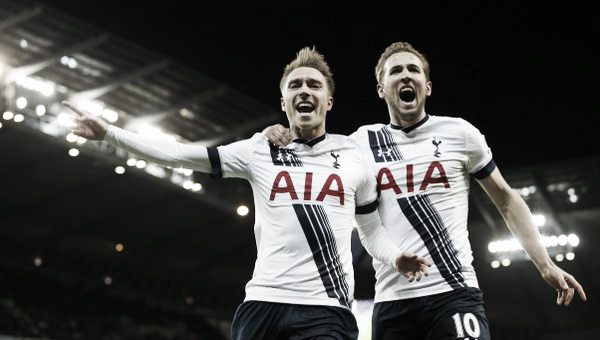 Eriksen and Kane celebrate the winning goal against City (photo: getty)