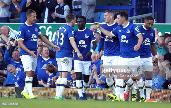 Everton's Gareth Barry is congratulated by team mates after scoring his sides equalising goal against Middlesbrough last weekend. | Photo: Rich Linley/CameraSport via Getty Images