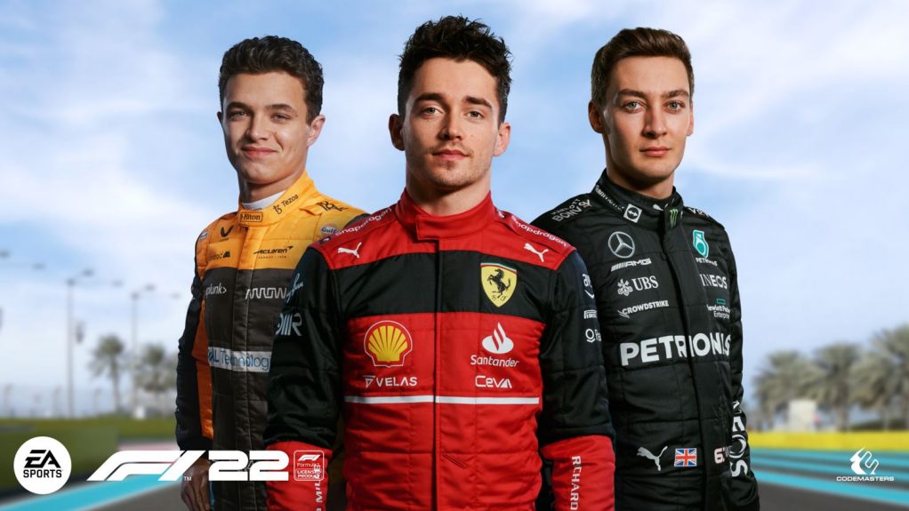 Portada F1 22 con Norris (izquierda), Leclerc (centro) y Russell (derecha) | Foto: EA