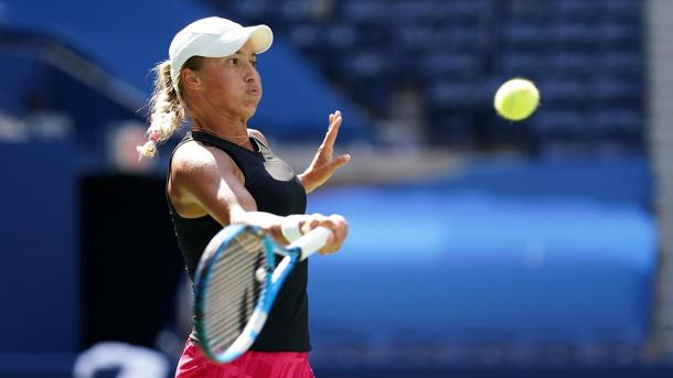 Putintseva hits a forehand during her fourth Round upset of Petra Martic/Photo: Darren Carroll/USTA