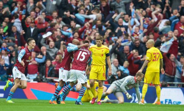 Aston Villa celebrate their second in a 2-1 semi-final win over the Reds. (Picture: Getty Images)