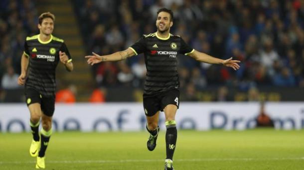 Cesc Fabregas celebrates his second goal at the King Power Stadium on Tuesday evening | Photo: Getty