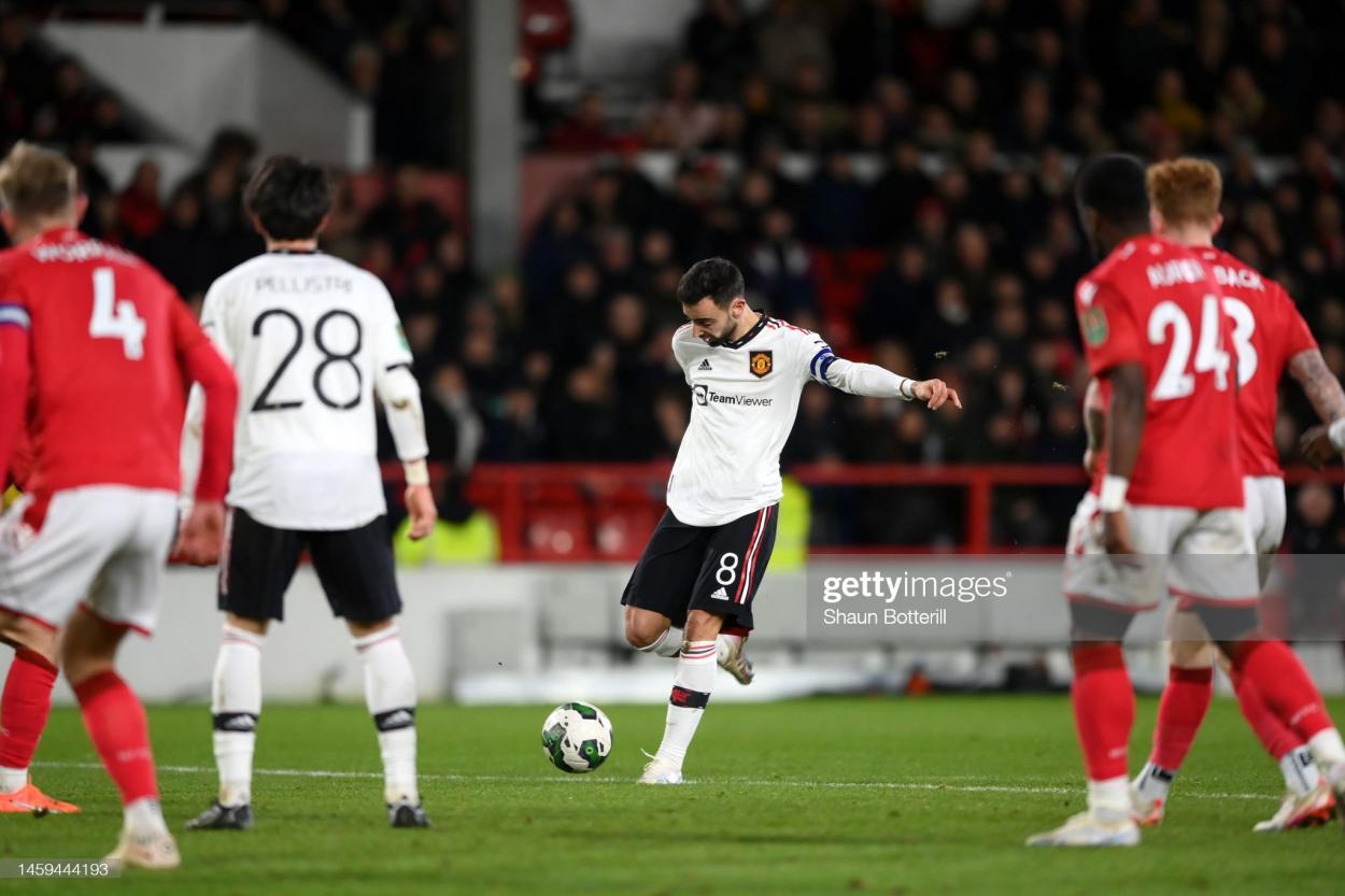Fernandes striking his goal in the first leg against <strong><a  data-cke-saved-href='https://www.vavel.com/en/football/2022/08/15/manchester-united/1119996-have-man-united-made-a-goalkeeping-mistake.html' href='https://www.vavel.com/en/football/2022/08/15/manchester-united/1119996-have-man-united-made-a-goalkeeping-mistake.html'>Nottingham Forest</a></strong>. (Photo by Shaun Botterill/Getty Images)