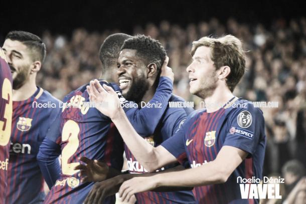 El equipo azulgrana celebrando un gol l Foto: Noelia Déniz - VAVEL