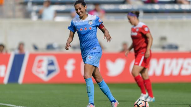 Red Stars' captain, Christen Press, all smiles after equalizing from the penalty spot. l Photo: Daniel Bartel/ isiphotos.com