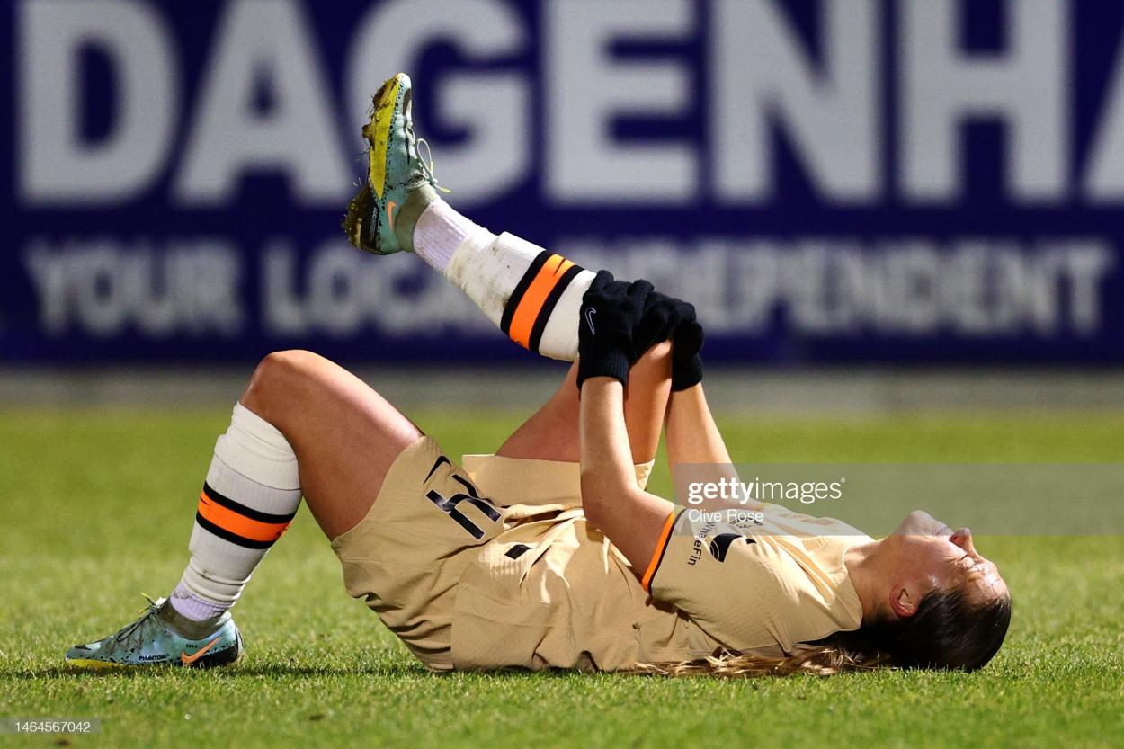 Fran Kirby holds her knee during the FA Women's Continental Tyres League Cup Semi Final against West Ham on February 9, 2023. (Photo by Clive Rose/Getty Images)
