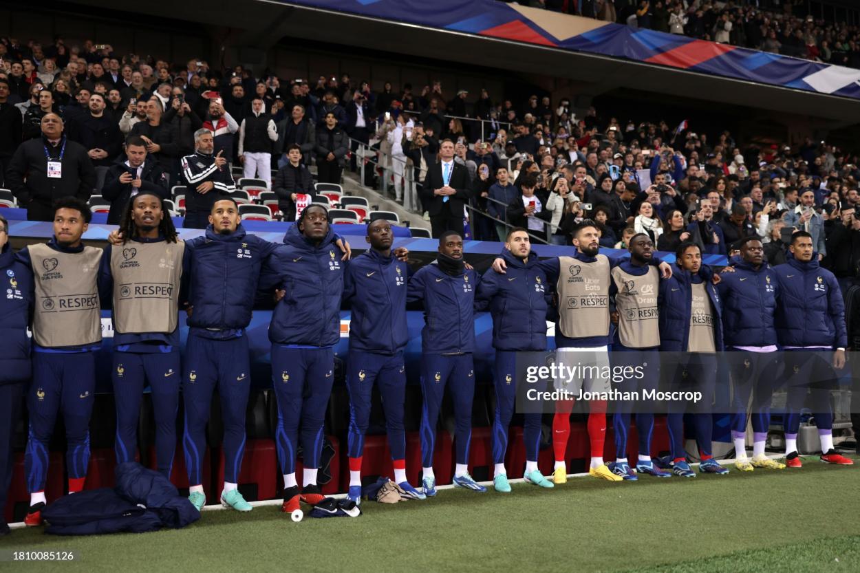 The France substitutes ( L to R ); Boubacar Kamara, Kephren Thuram-Ulien, William Saliba, Randal Kolo Muani, Ousmane Dembele, Lucas Hernandez, Olivier Giroud, Youssouf Fofana, Jules Kounde, Brice Samba and Alphonse Areola, line up for the National Anthem prior to the UEFA EURO 2024 European qualifier match between France and Gibraltar at Allianz Riviera on November 18, 2023 in Nice, France. (Photo by Jonathan Moscrop/Getty Images)