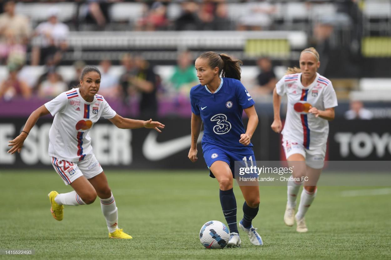 Guro Reiten of Chelsea in action during the 2022 Women's International Champions Cup Semi-Final match between Chelsea FC Women and Olympic Lyonnais. (Photo by Harriet Lander - Chelsea FC/Chelsea FC via Getty Images)