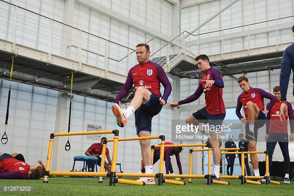 Dael Fry trains with (R to L) Wayne Rooney, Michael Keane and John Stones last week | Photo: Getty