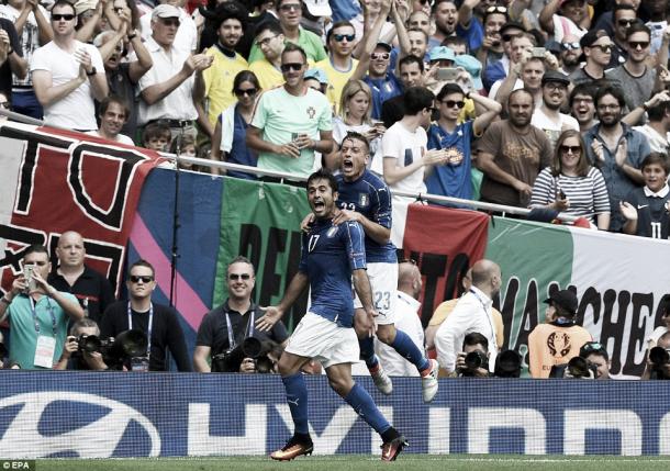 Above: Emanuele Giaccherini celebrating with Eder in Italy's 1-0 win over Sweden | Photo: EPA