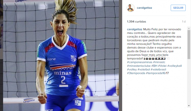 Carol Gattaz usou sua conta em uma rede social para celebrar renovação com Minas (Foto: Reprodução/Instagram)