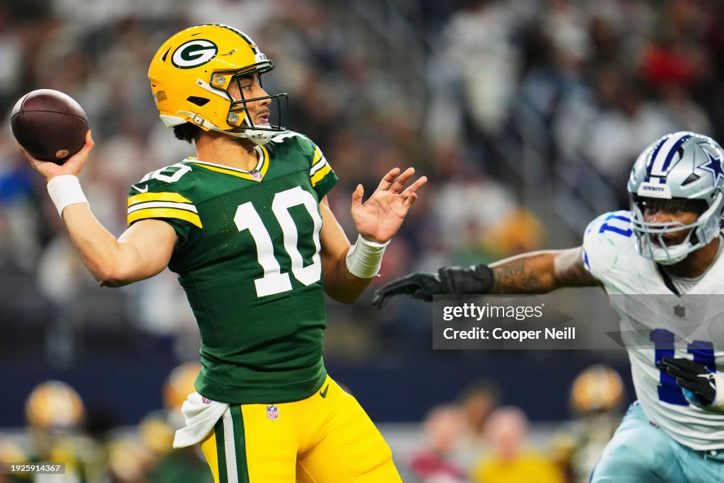  Jordan Love #10 of the Green Bay Packers passes against the Dallas Cowboys during the second half of the NFC Wild Card playoff game at AT&T Stadium on January 14, 2024 in Dallas, Texas. (Photo by Cooper Neill/Getty Images)