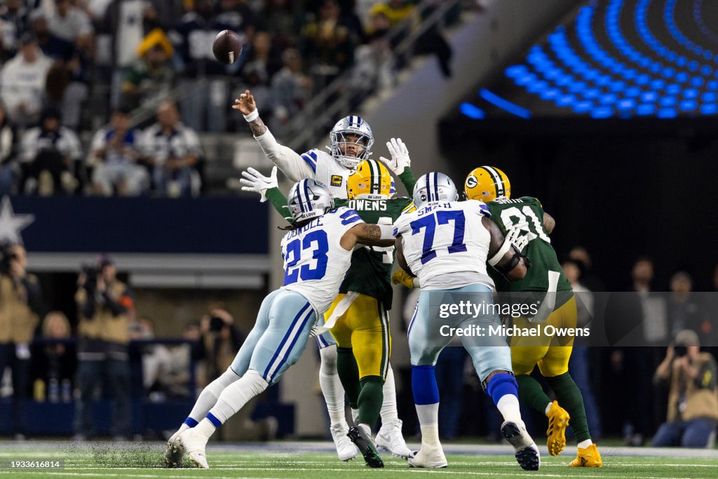 Dak Prescott #4 of the Dallas Cowboys throws a pass during an NFL wild-card playoff football game between the Dallas Cowboys and the Green Bay Packers at AT&T Stadium on January 14, 2024 in Arlington, Texas. (Photo by Michael Owens/Getty Images)