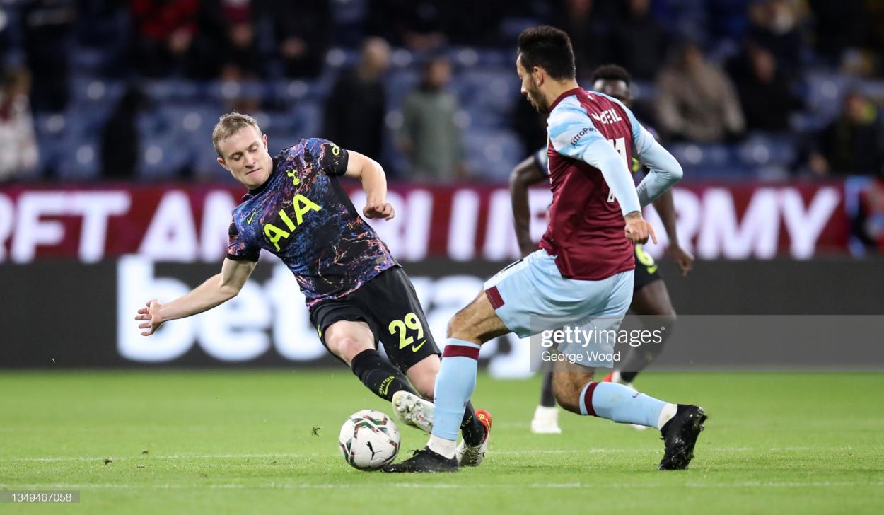 Oliver Skipp goes hard in the tackle: George Wood/GettyImages