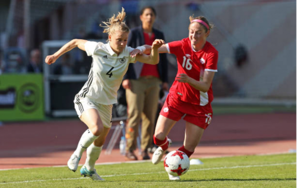 Canada's Janine Beckie chases down Germany's Leonie Maier in the 2017 friendly between Germany and Canada. | Photo: Matthias Kern - Bongarts/Getty Images