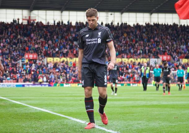 Gerrard in the aftermath of Liverpool's 6-1 defeat to Stoke, his final game. (Picture: Getty Images)