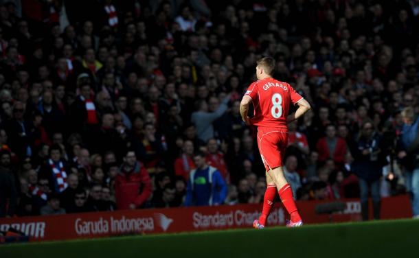 Gerrard trudges off the pitch after being sent off - Manchester United. (Picture: Getty Images)