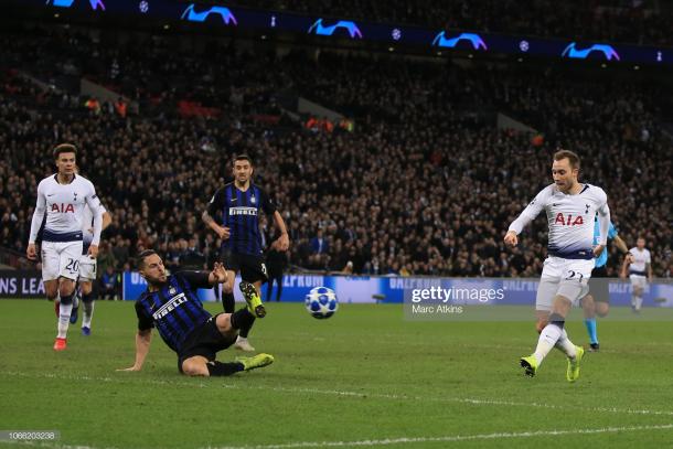Uno de los goles más importantes del Tottenham en la presente Champions, ante Inter en fase de grupos para romper un 0-0 que los dejaba casi afuera / Foto: Getty images