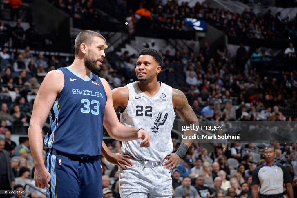 SAN ANTONIO, TX - JANUARY 5: Marc Gasol #33 of the <strong><a  data-cke-saved-href='https://www.vavel.com/en-us/nba/2024/02/18/1172997-nba-all-star-2024-preview-time-to-shine.html' href='https://www.vavel.com/en-us/nba/2024/02/18/1172997-nba-all-star-2024-preview-time-to-shine.html'>Memphis Grizzlies</a></strong> and Rudy Gay #22 of the San Antonio Spurs share a laugh during the game on January 5, 2019 at the AT&T Center in San Antonio, Texas. NOTE TO USER: User expressly acknowledges and agrees that, by downloading and or using this photograph, user is consenting to the terms and conditions of the Getty Images License Agreement. Mandatory Copyright Notice: Copyright 2019 NBAE (Photos by Mark Sobhani/NBAE via Getty Images)