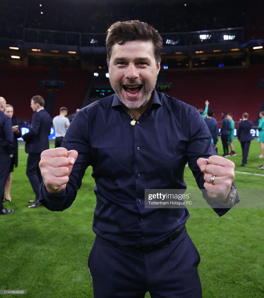 Mauricio Pochettino, Manager of <b><a  data-cke-saved-href='https://www.vavel.com/en/data/tottenham-hotspur' href='https://www.vavel.com/en/data/tottenham-hotspur'>Tottenham Hotspur</a></b> celebrates after the final whistle during the UEFA Champions League Semi Final second leg match between Ajax and <b><a  data-cke-saved-href='https://www.vavel.com/en/data/tottenham-hotspur' href='https://www.vavel.com/en/data/tottenham-hotspur'>Tottenham Hotspur</a></b> at the Johan Cruyff Arena on May 08, 2019 in Amsterdam, Netherlands. (Photo by Tottenham Hotspur FC via Getty Images)