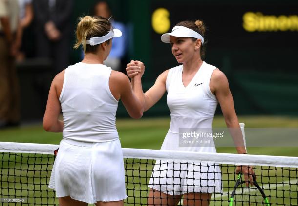 Halep and Svitolina meet at the net following their clash (Getty Images/Shaun Botterill)