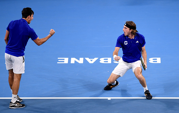 Tsitipas and Michail Pervolarakis have come close to pulling off doubles upsets before. Is this the year they get over the hump to get Team Greece into the last four? (Bradley Kanaris/Getty Images)