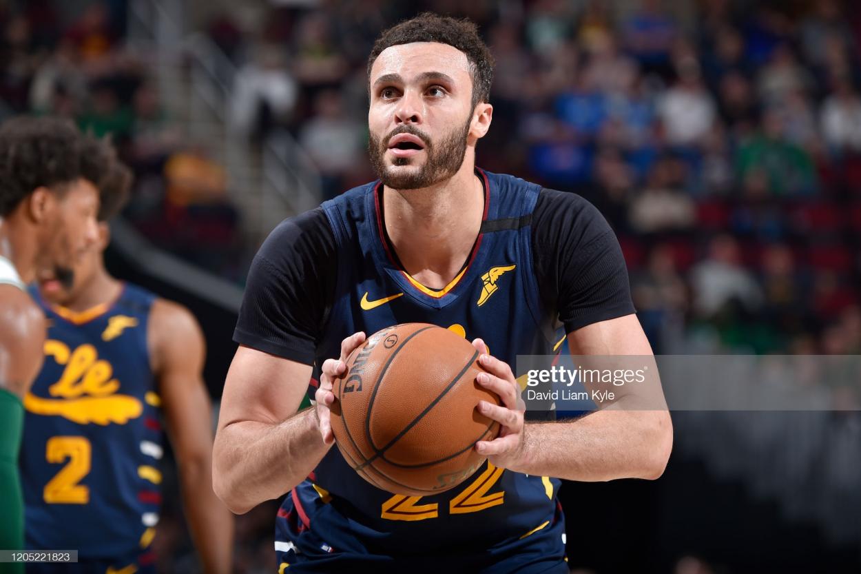 CLEVELAND, OH - MARCH 4: Larry Nance Jr. #22 of the Cleveland Cavaliers shoots a free throw during the game against the Boston Celtics on March 4, 2020 at Rocket Mortgage FieldHouse in Cleveland, Ohio. NOTE TO USER: User expressly acknowledges and agrees that, by downloading and/or using this Photograph, user is consenting to the terms and conditions of the Getty Images License Agreement. Mandatory Copyright Notice: Copyright 2020 NBAE (Photo by David Liam Kyle/NBAE via Getty Images)