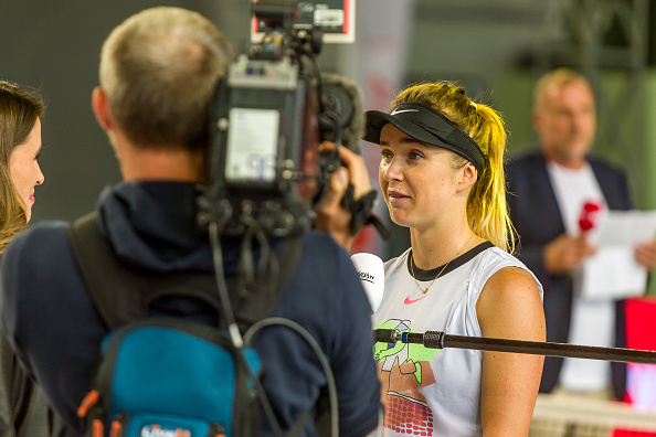 Svitolina being interviewed on court after playing in an exhibition event in Berlin last week (Image: Defodi Images)