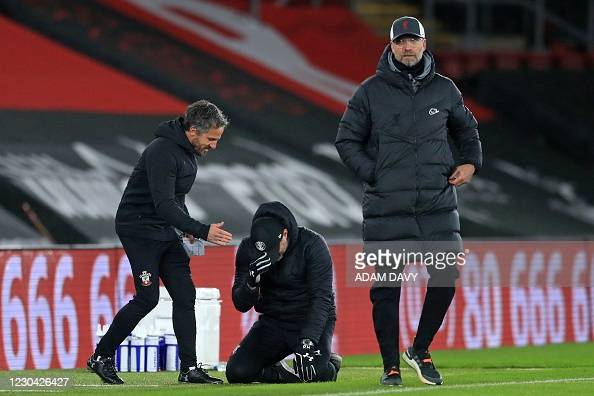 Hasenhuttl drops to the floor at the final whistle