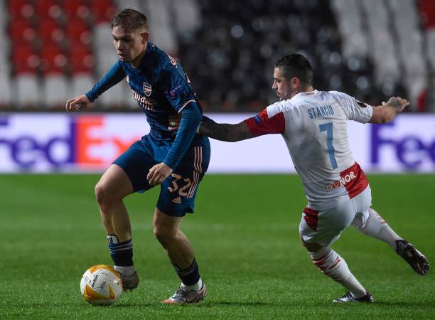 Smith Rowe took on Slavia players all evening Photo by Michal Cizek via Getty images