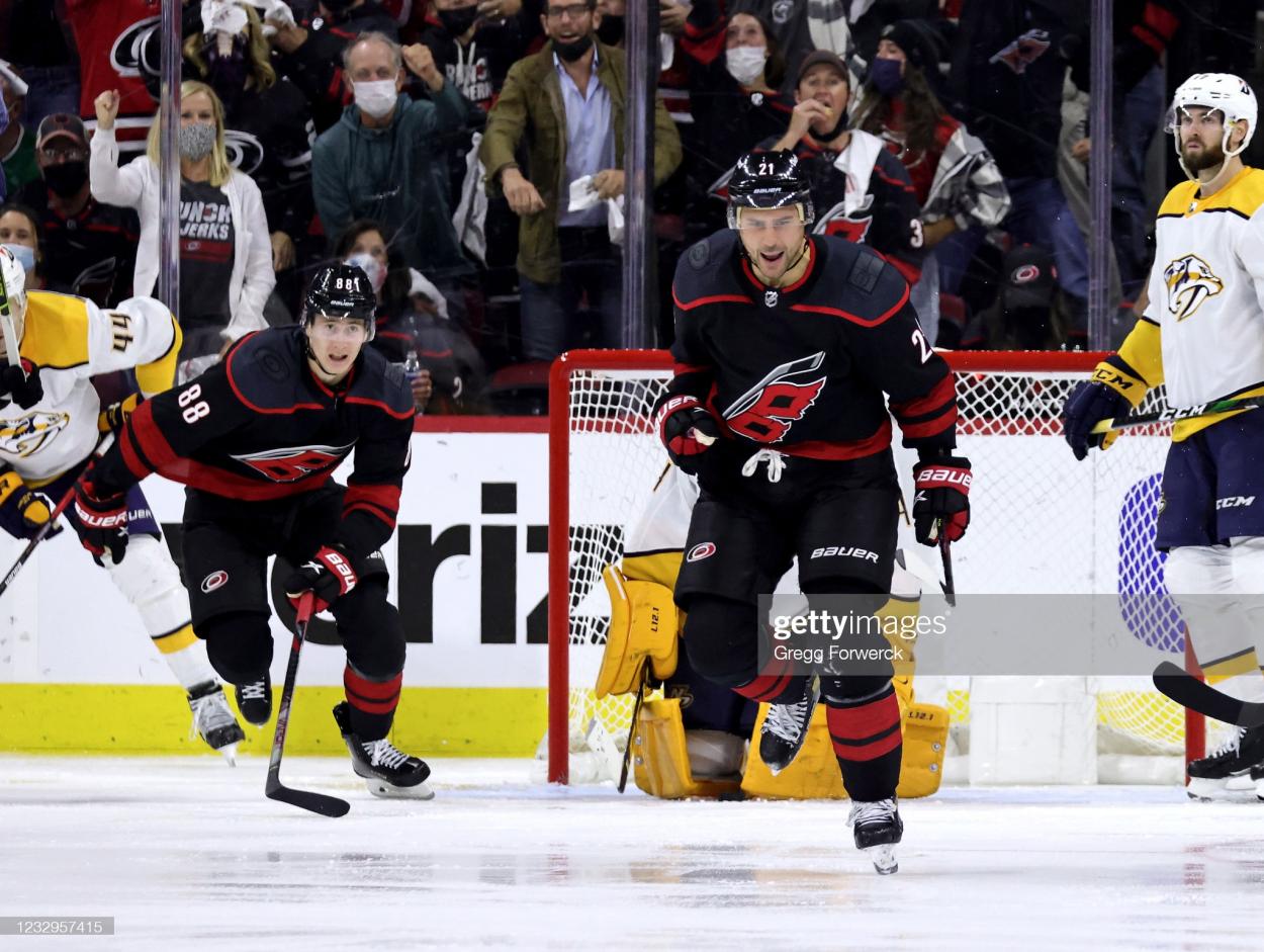 Nino Neiderreiter celebrates what turned out to be the game-winning goal in Game 1/Photo: Gregg Forwerck/NHLI via Getty Images