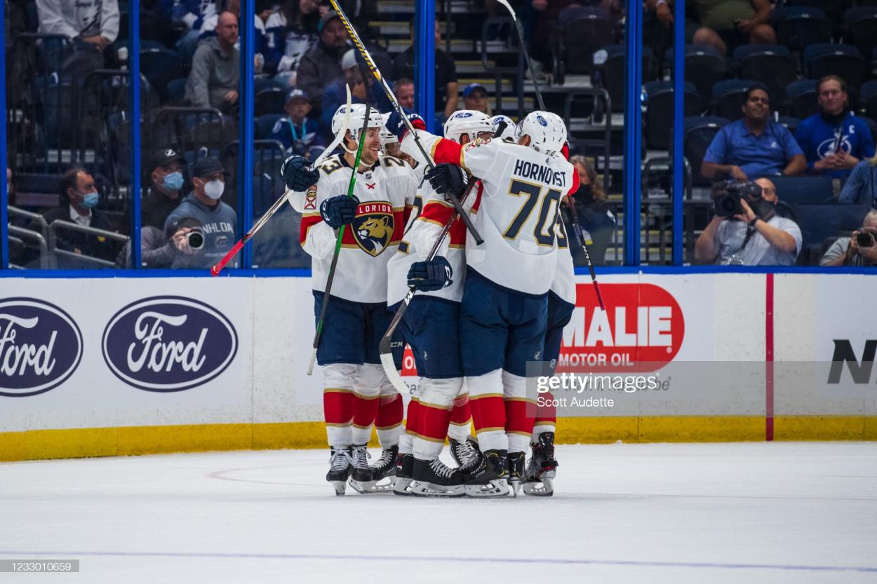 The Panthers celebrate after Gustav Forsling ties the game up/Photo: Scott Audette/NHLI via Getty Images