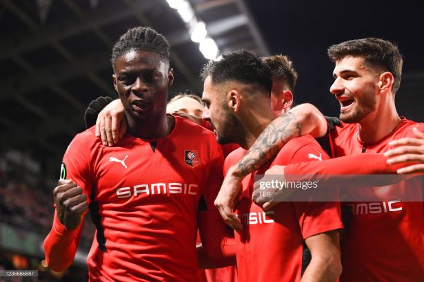 26 Lesley UGOCHUKWU (srfc) - 24 Gaetan LABORDE (srfc) - 07 Martin TERRIER (srfc) during the UEFA Europa Conference League between Rennes and Vitesse Arnhem at Roazhon Park on November 25, 2021 in Rennes, France. (Photo by Philippe Lecoeur/FEP/Icon Sport via Getty Images) Photo by Icon Sport